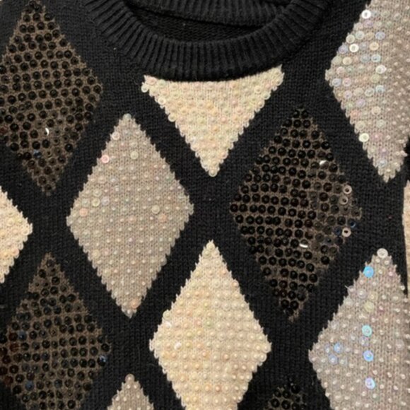 Alfred Dunner sparkly black/gray/white Argyle sweater, 80s, L, never worn - Picture 2 of 3